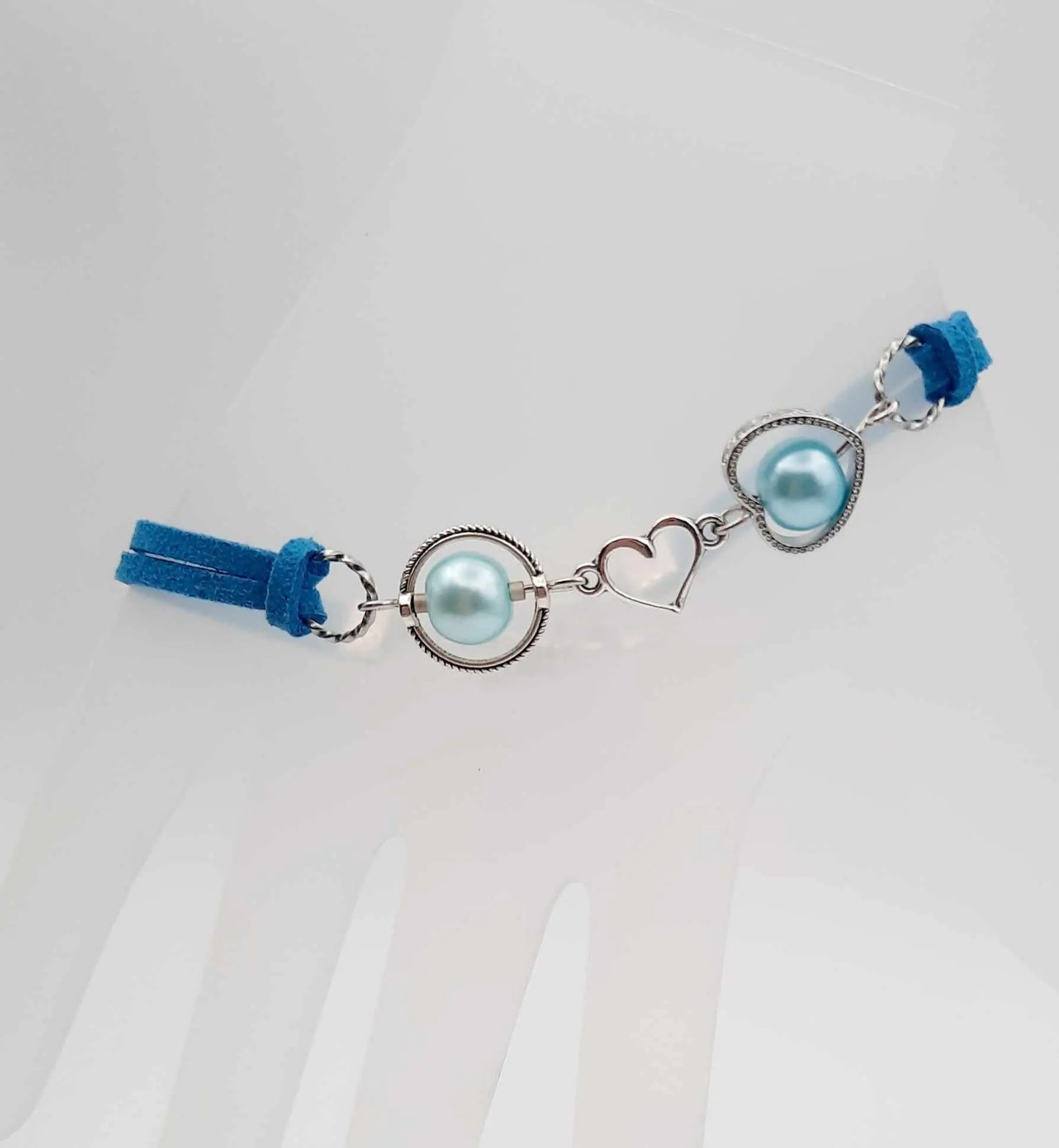 Blue faux suede glass pearl silver heart bracelet