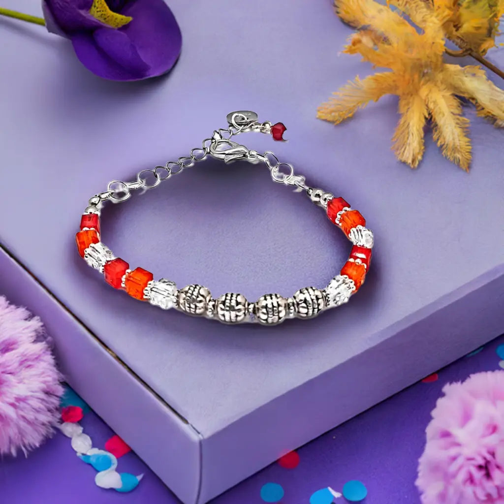 Red orange silver beaded Bracelet