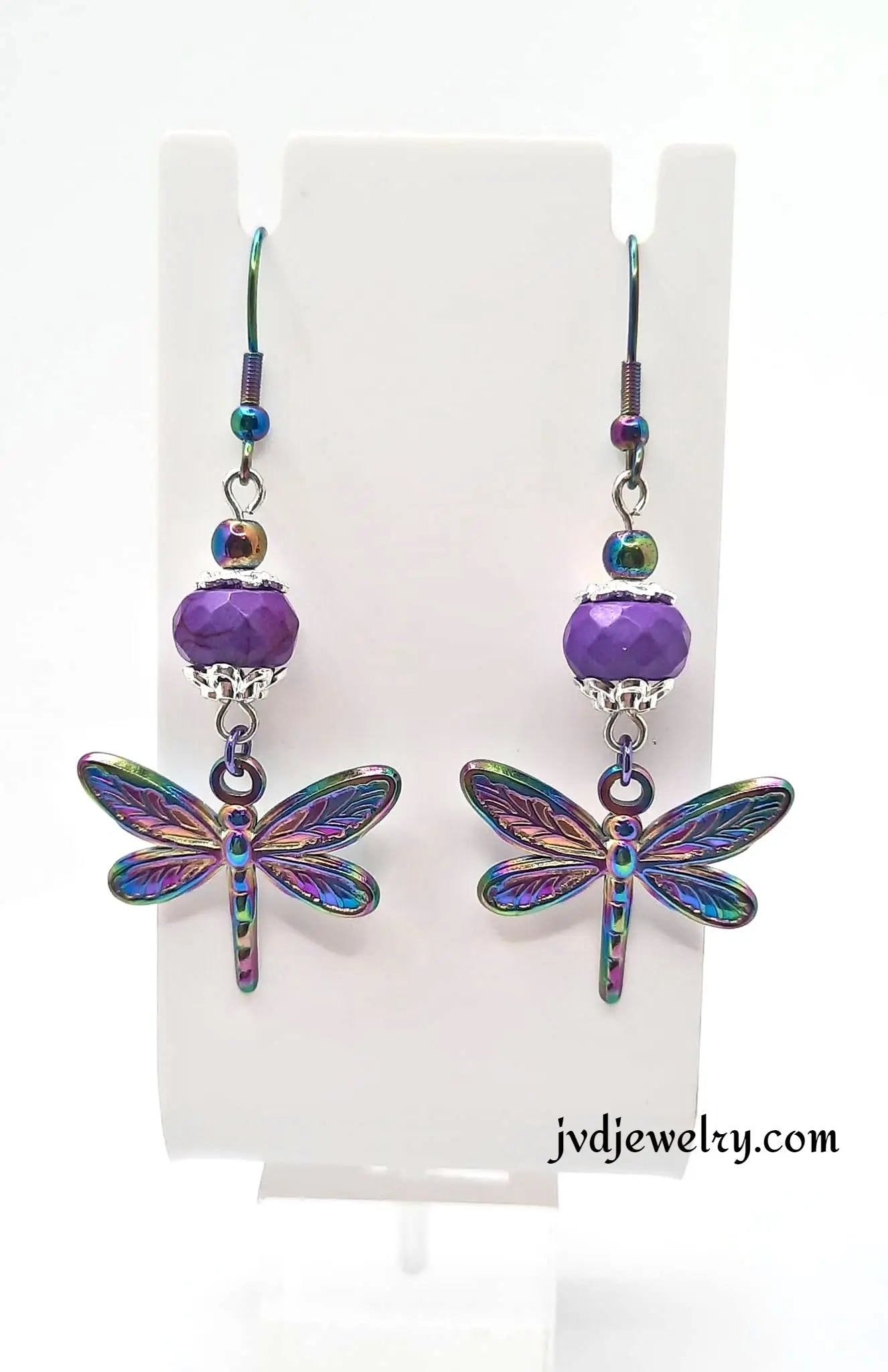 Ion plating dragonfly earrings purple beads