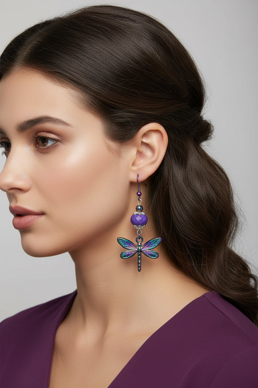 Ion plating dragonfly earrings purple beads