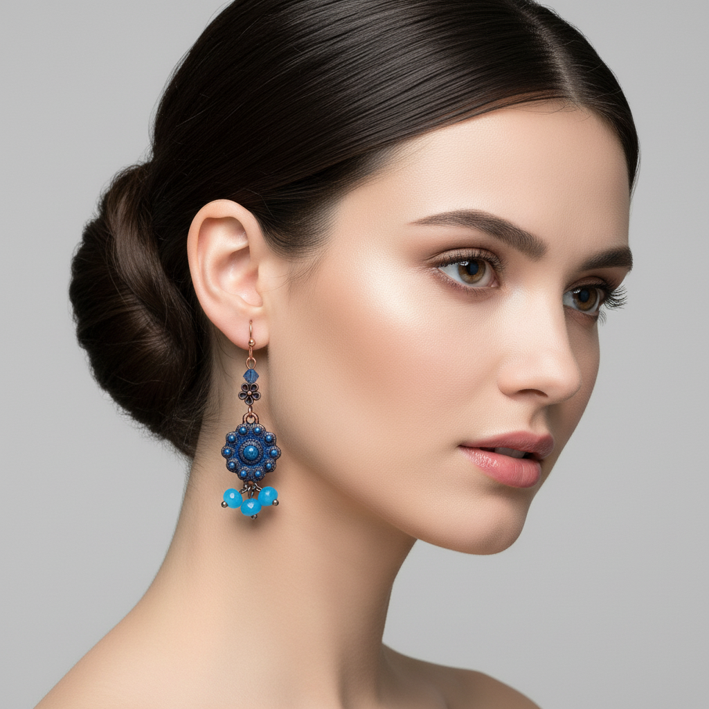 Oxidized Copper Turquoise Beaded Drop Earrings, Artisan Handcrafted