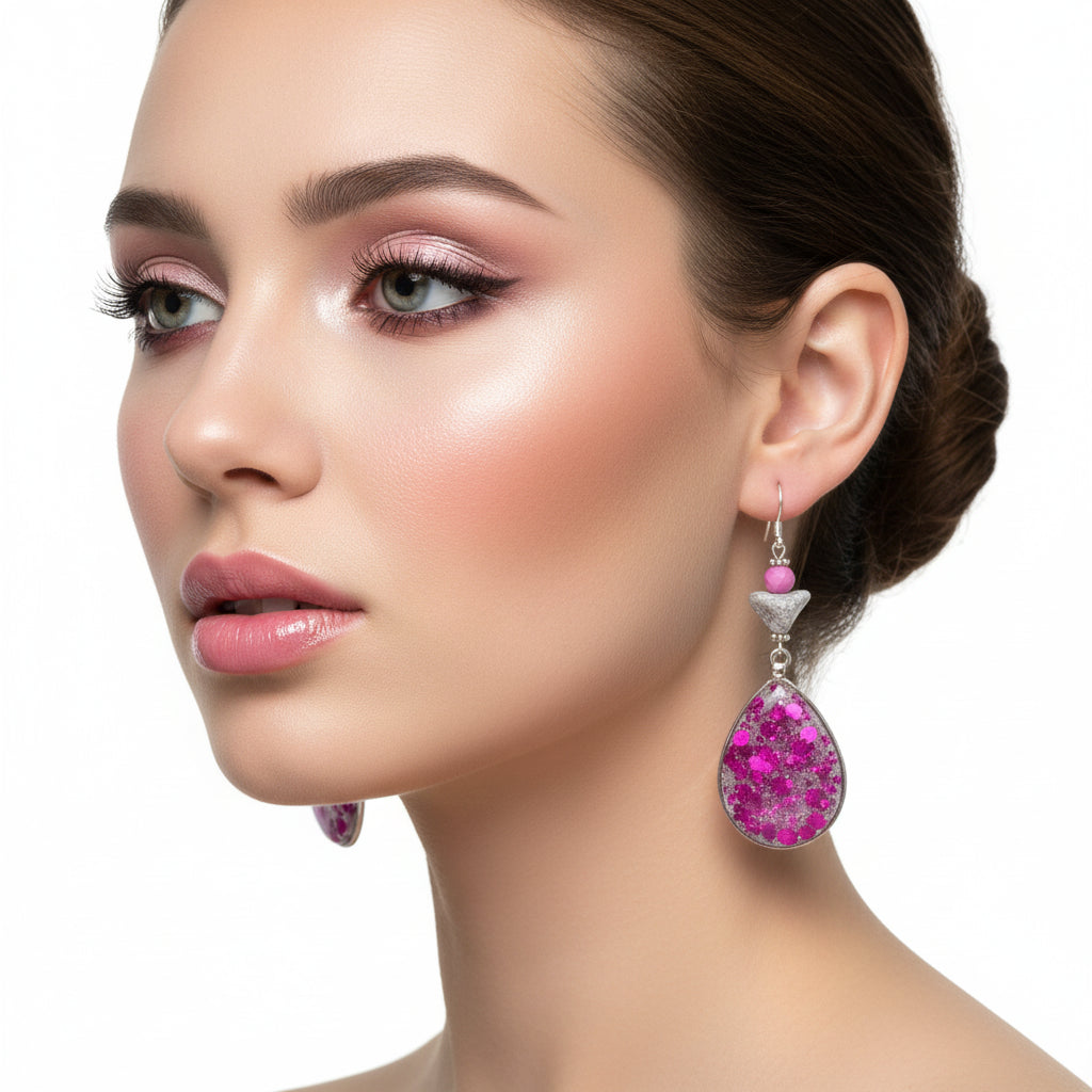 Teardrop-shaped earrings with pink and silver design hanging on a branch against a white background