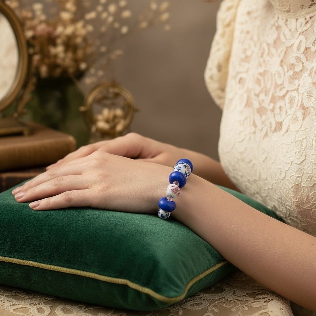 Vintage bracelet with lampwork beaded bracelet blue