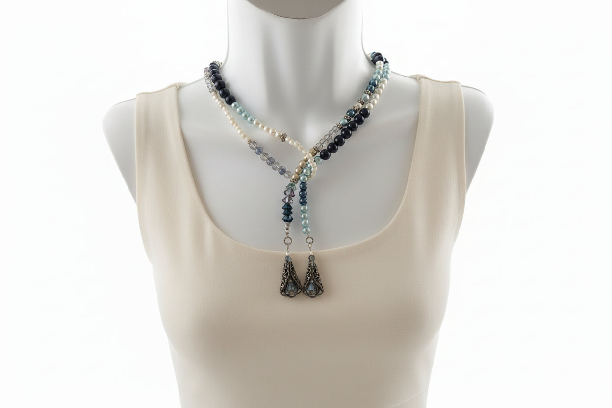 Long Beaded Necklace 46 Inch - Blue White Glass Crystal Silver Handmade