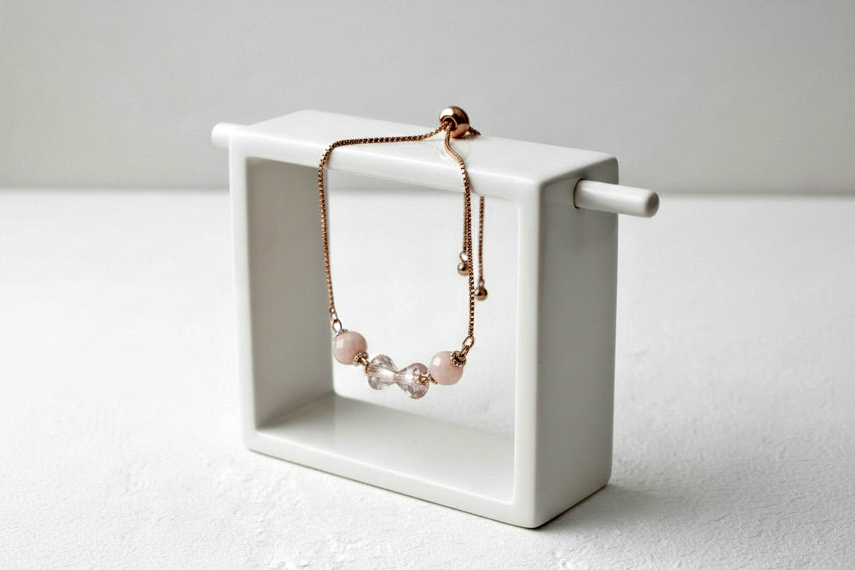 Rose Gold Adjustable Bracelet with Czech Flower Beads & Crystal Accents