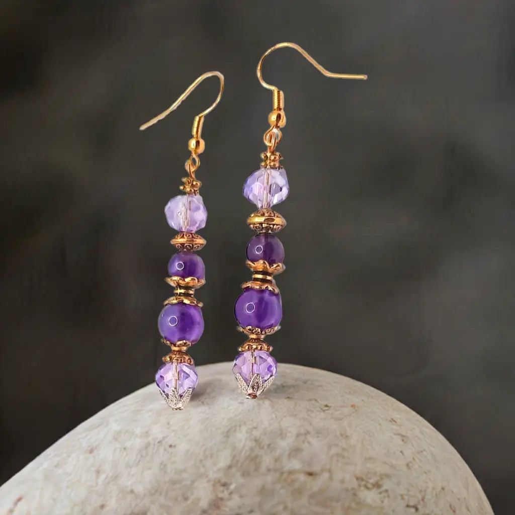 Gold plated amethyst purple Earrings 2.25 inches