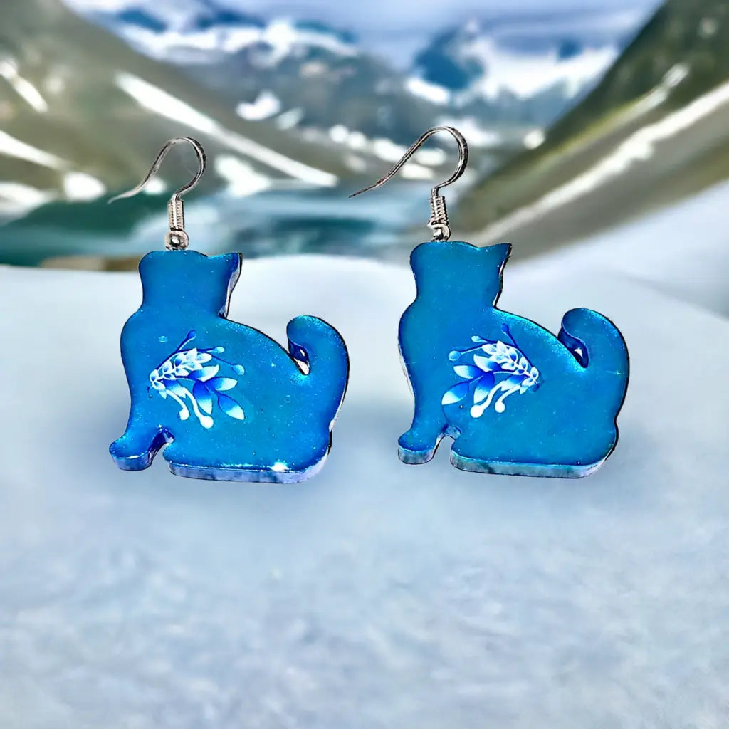 Resincrete Cat Earrings purple iridescent white flowers 2"x1" - Image #2