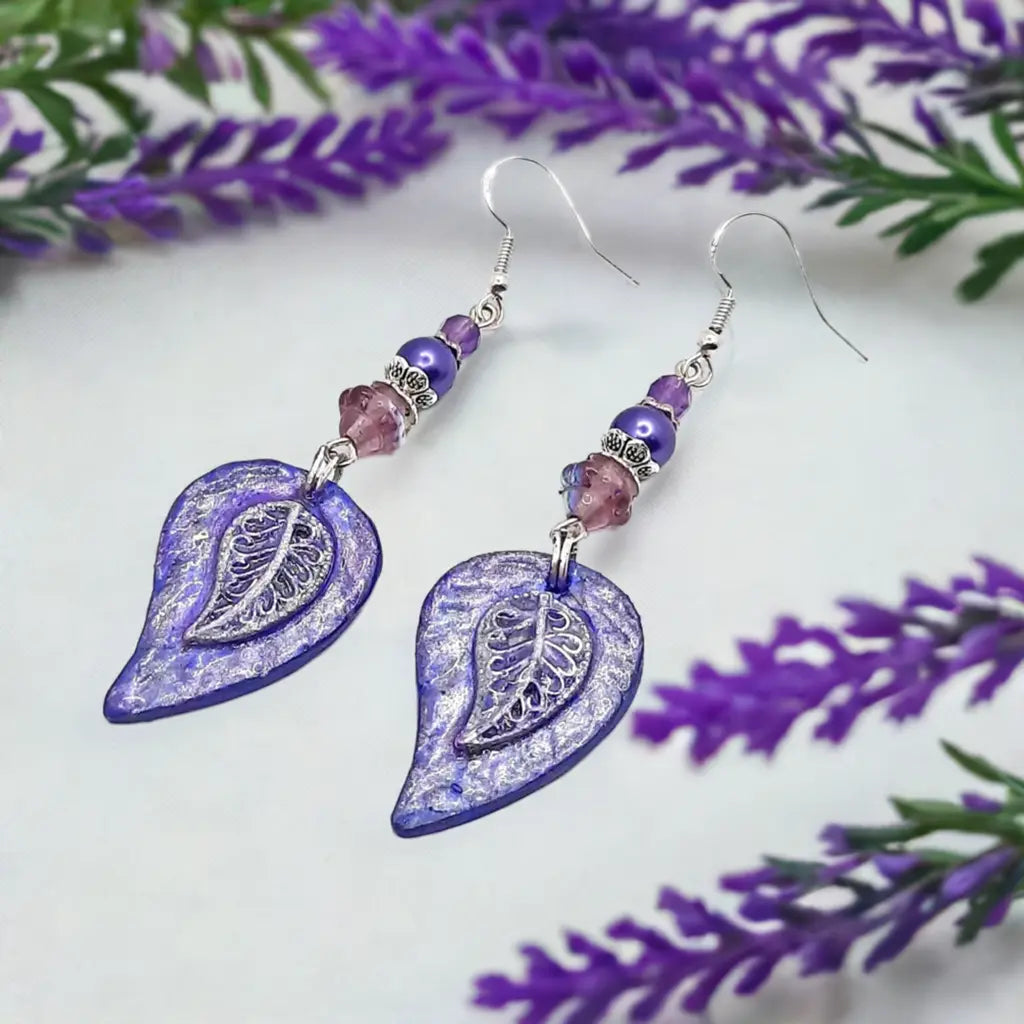 Resin Purple leaf Earrings Czech Beads
