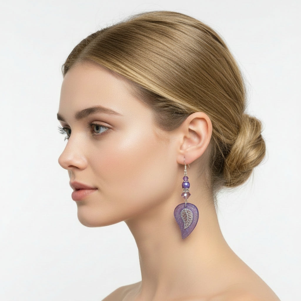 Resin Purple leaf Earrings Czech Beads