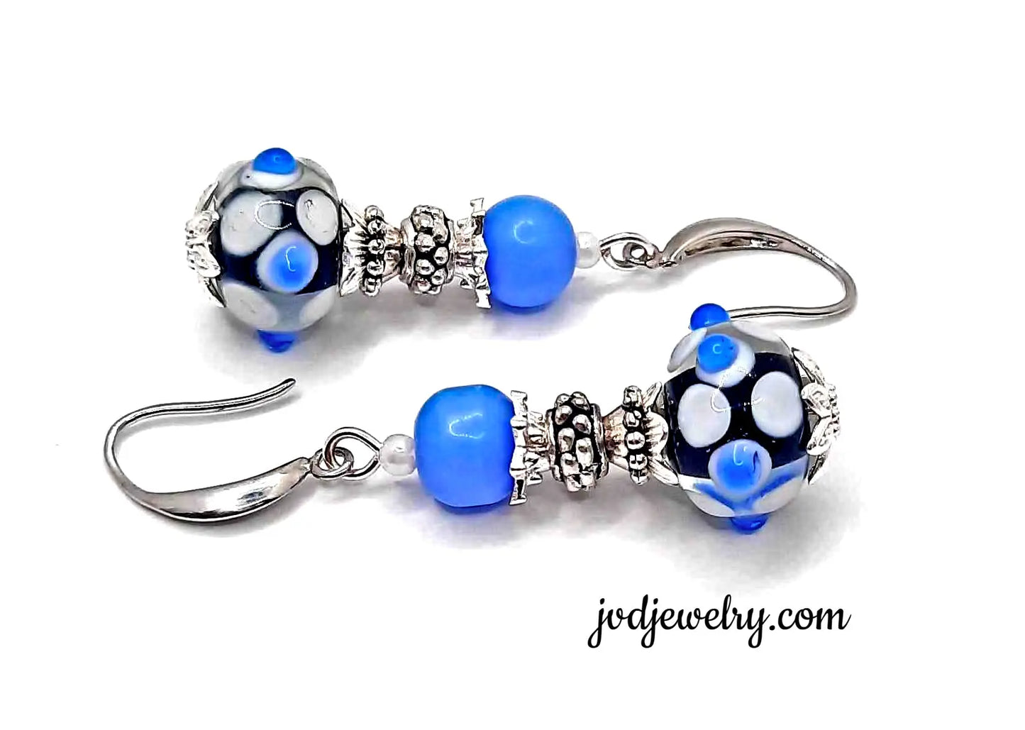 Blue and white dot lampwork beaded earrings