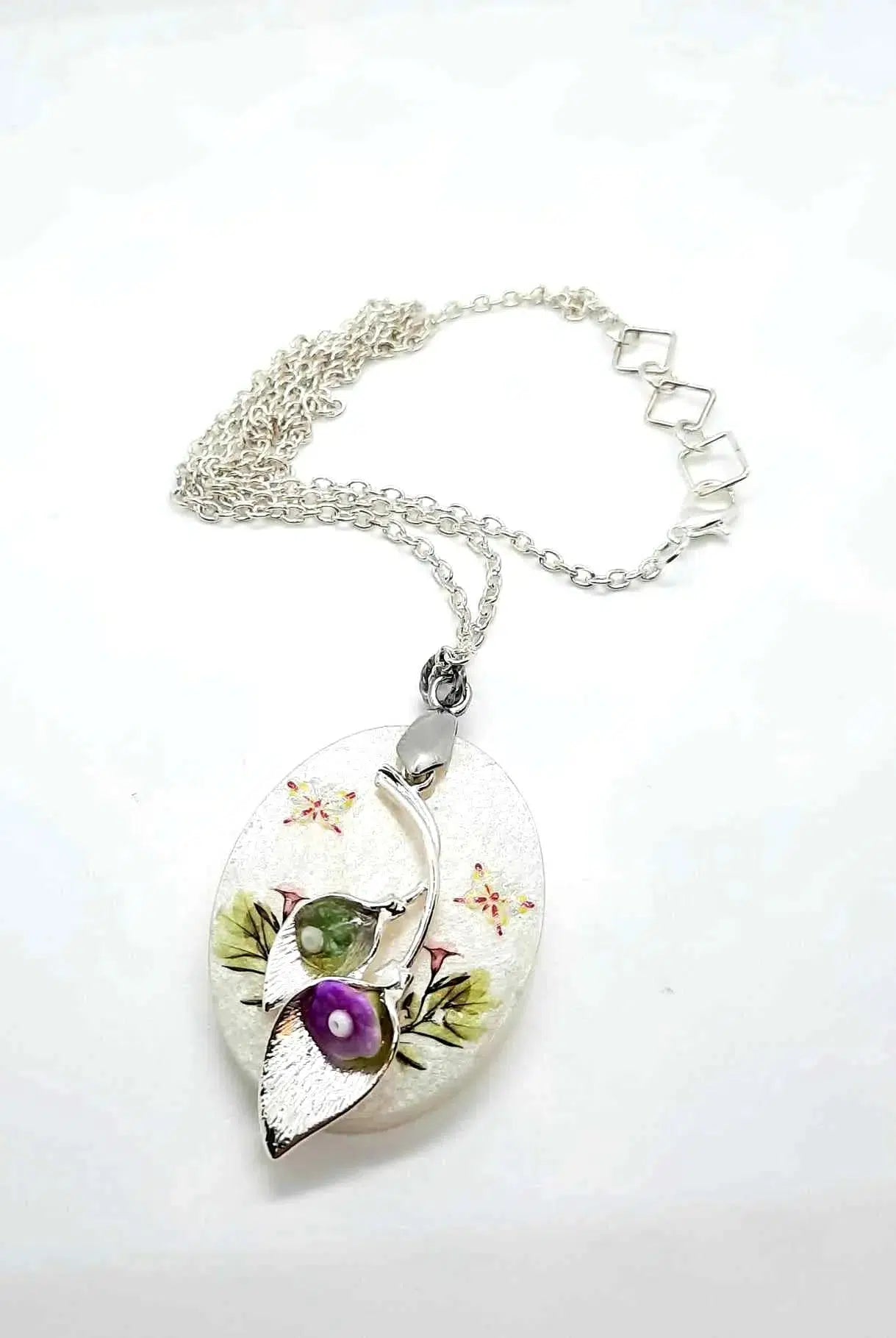 Resined white with flowers Necklace