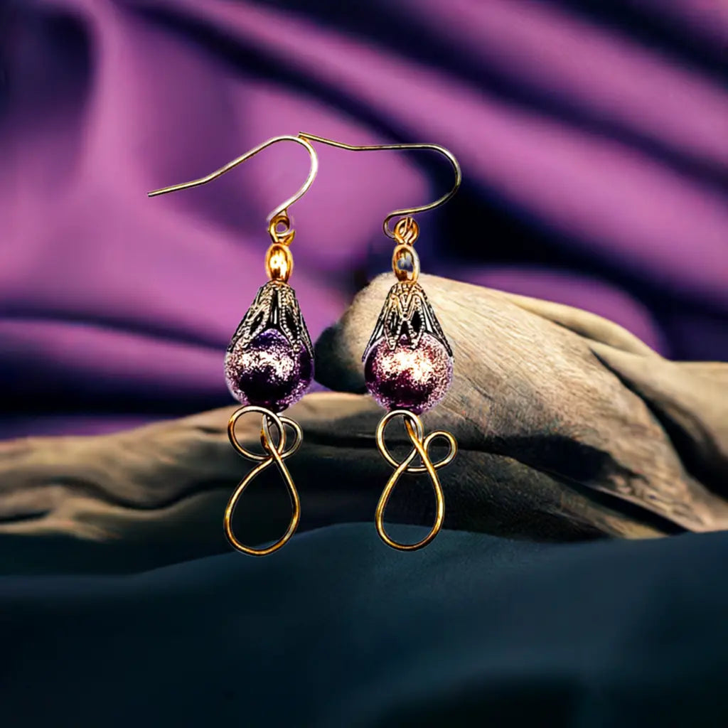 Short Antique gold wire dark purple bead Earrings 1.75 inches