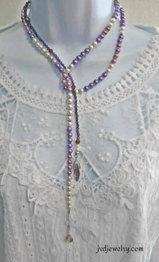 Purple White Glass pearl long Necklace