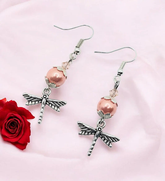 Silver dragonfly with peach glass pearls earrings 2-inches