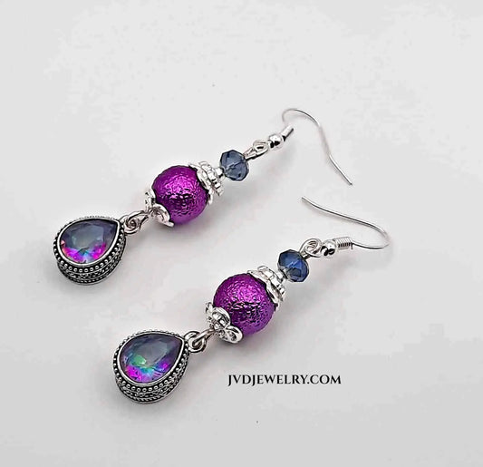 Iridescent antique silver drop purple beaded earrings 2.25"