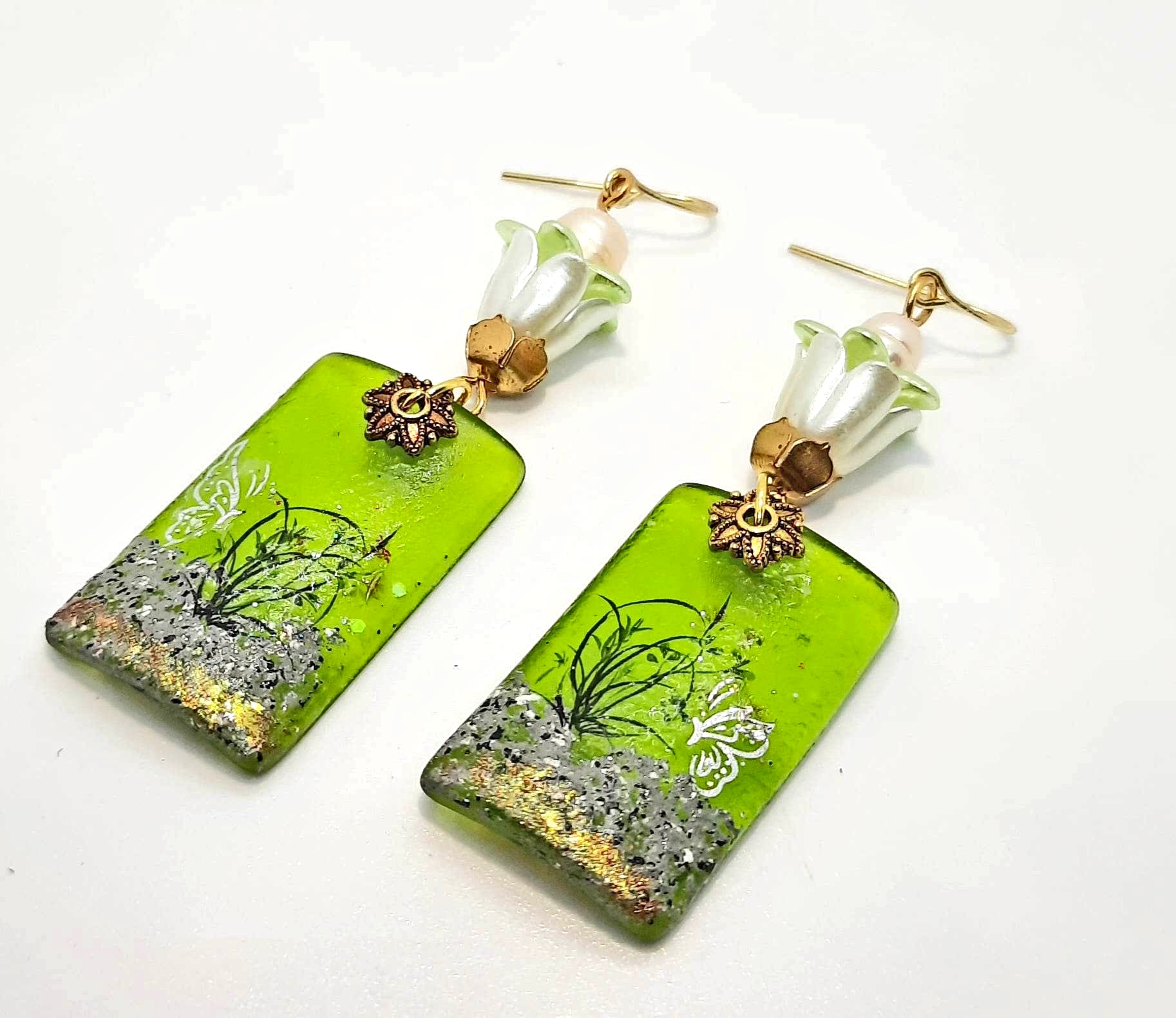 Green sea glass flower butterfly design earrings