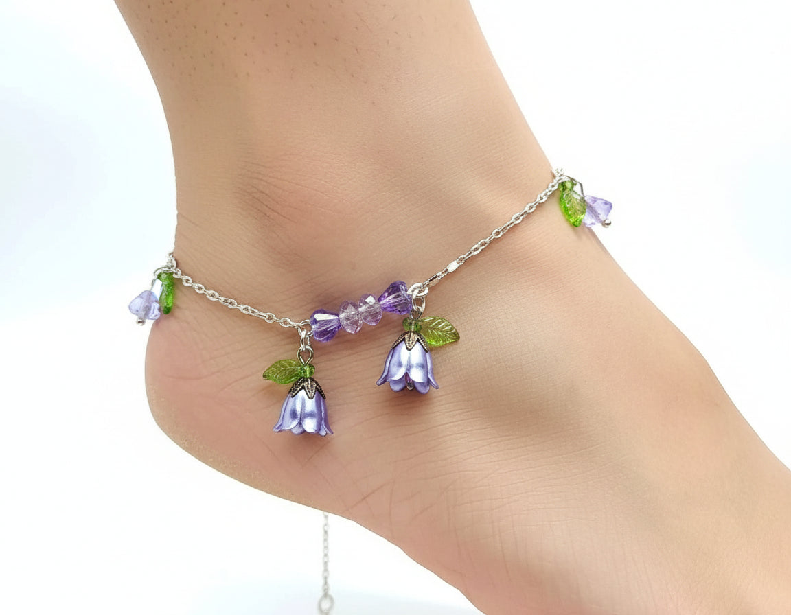 Ankle bracelet purple flower silver-plated chain