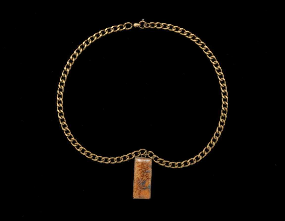 Rectangular pendant with chain on a white background