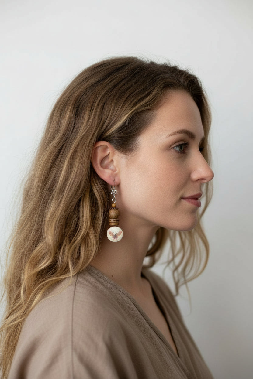 Short Wooden Frame Resin Butterfly earrings