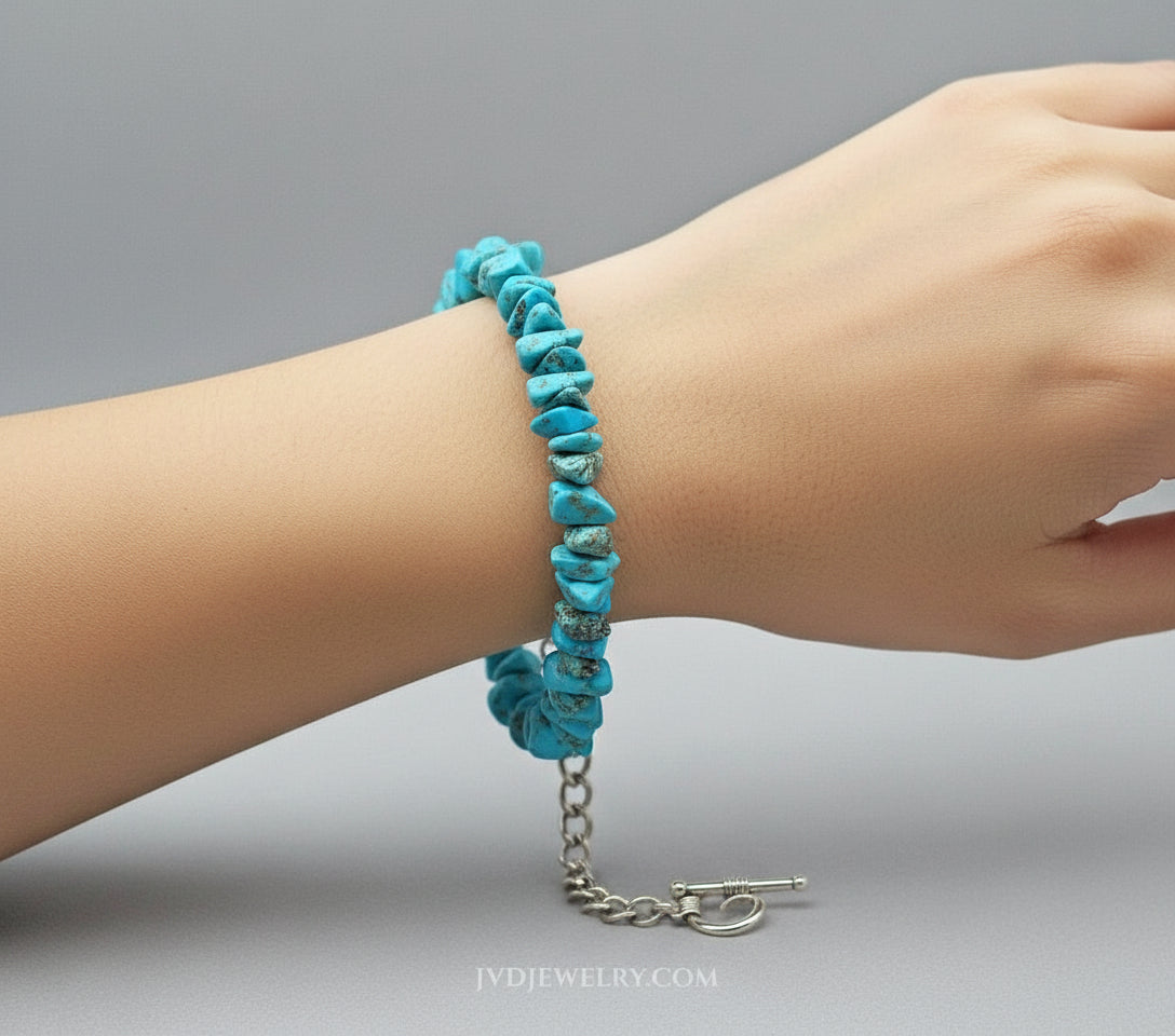 Turquoise chip Bracelet silver toggle clasp unisex