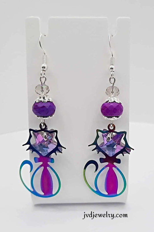 Ion plating cat with crystal star beaded Earrings