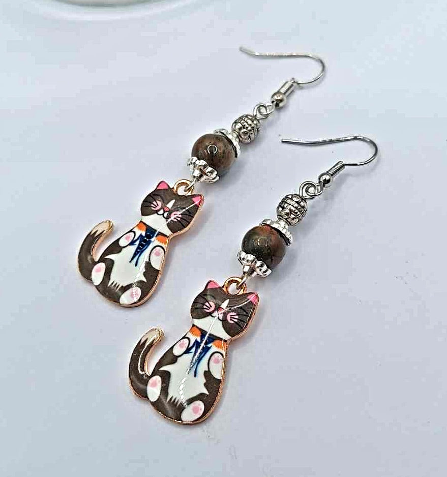 Enamel cat with stone bead Earrings 2.5 inches