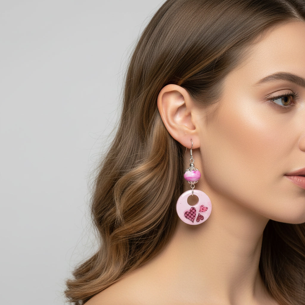 Red hearts on Resincrete Earrings pink with beads