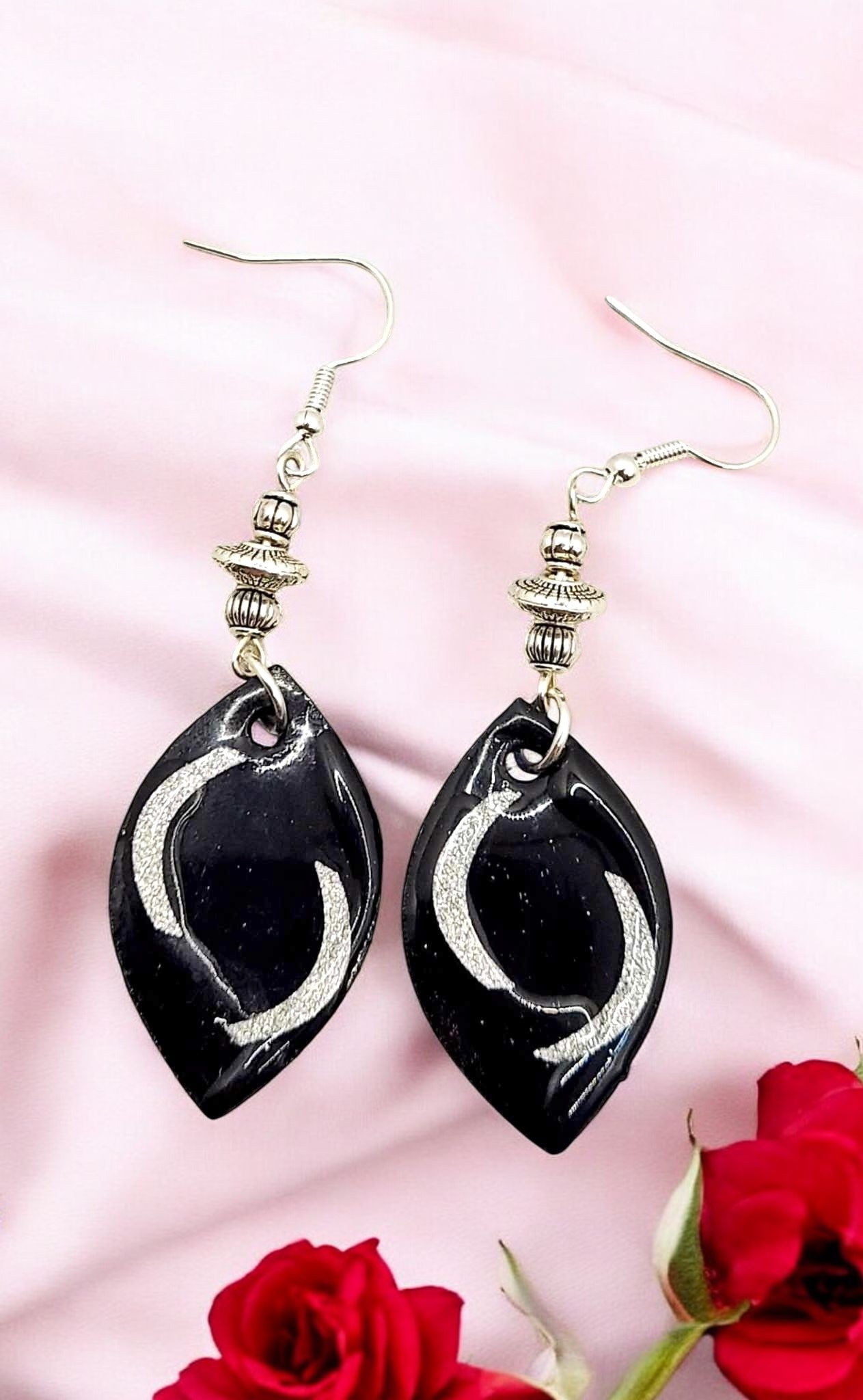 Silver black Wood drop Earring 2.75"