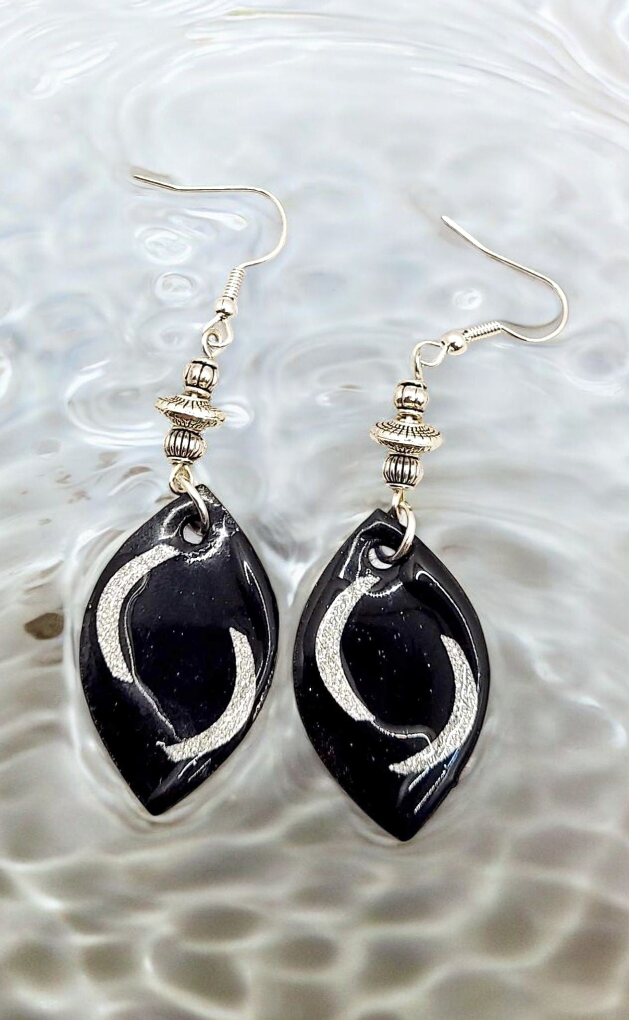 Silver black Wood drop Earring 2.75"