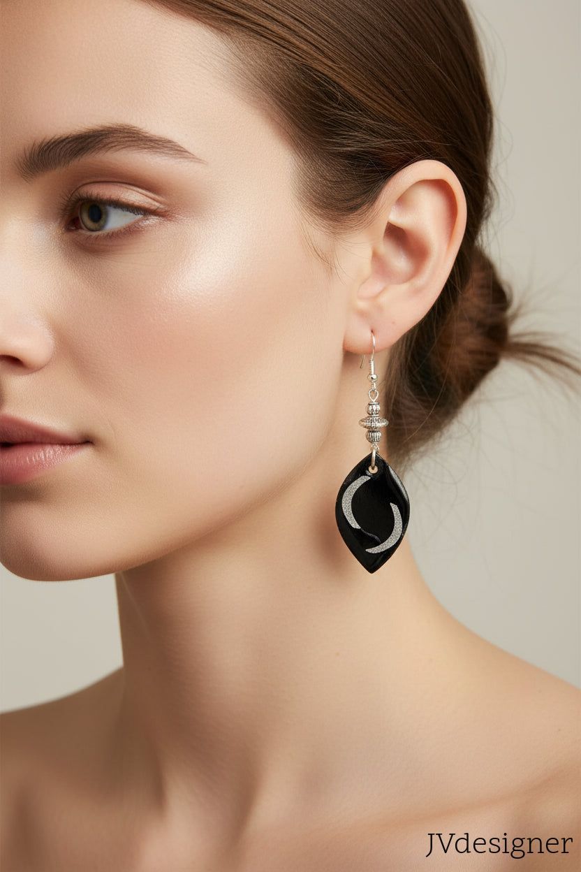 Silver black Wood drop Earring 2.75"