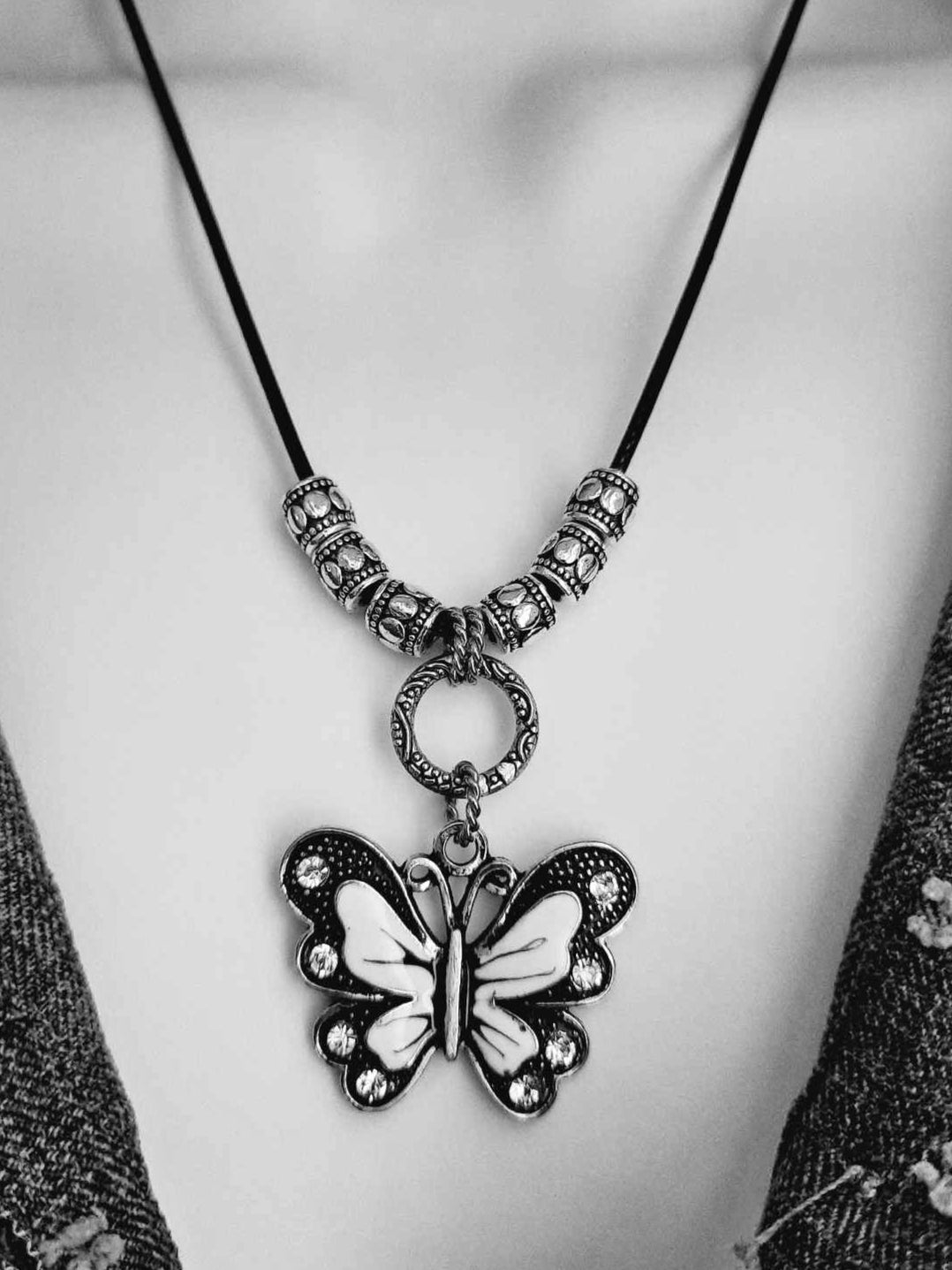 Black and white butterfly Necklace with silver beads