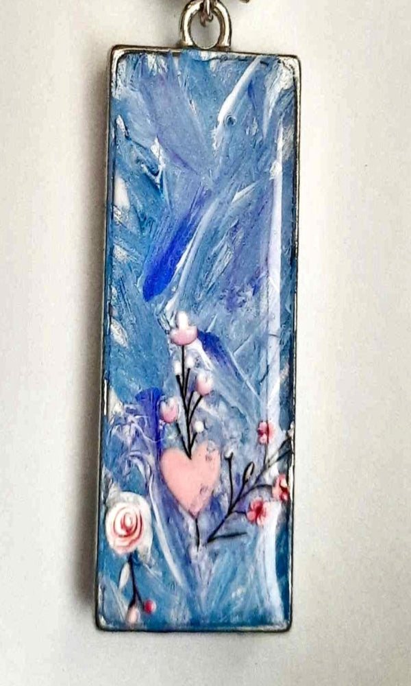 Handpainted Pendant with stickers 1.5" x 0.75" blue pink resincrete Necklace
