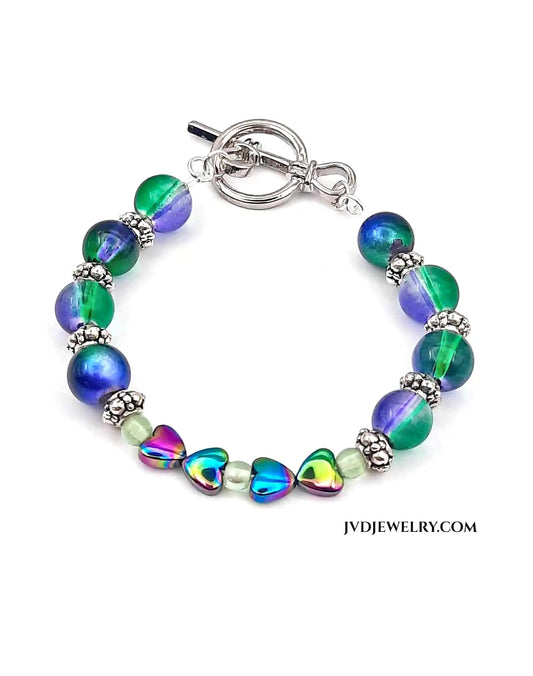 Peacock glass bead ion plating hearts bracelet - Image #1