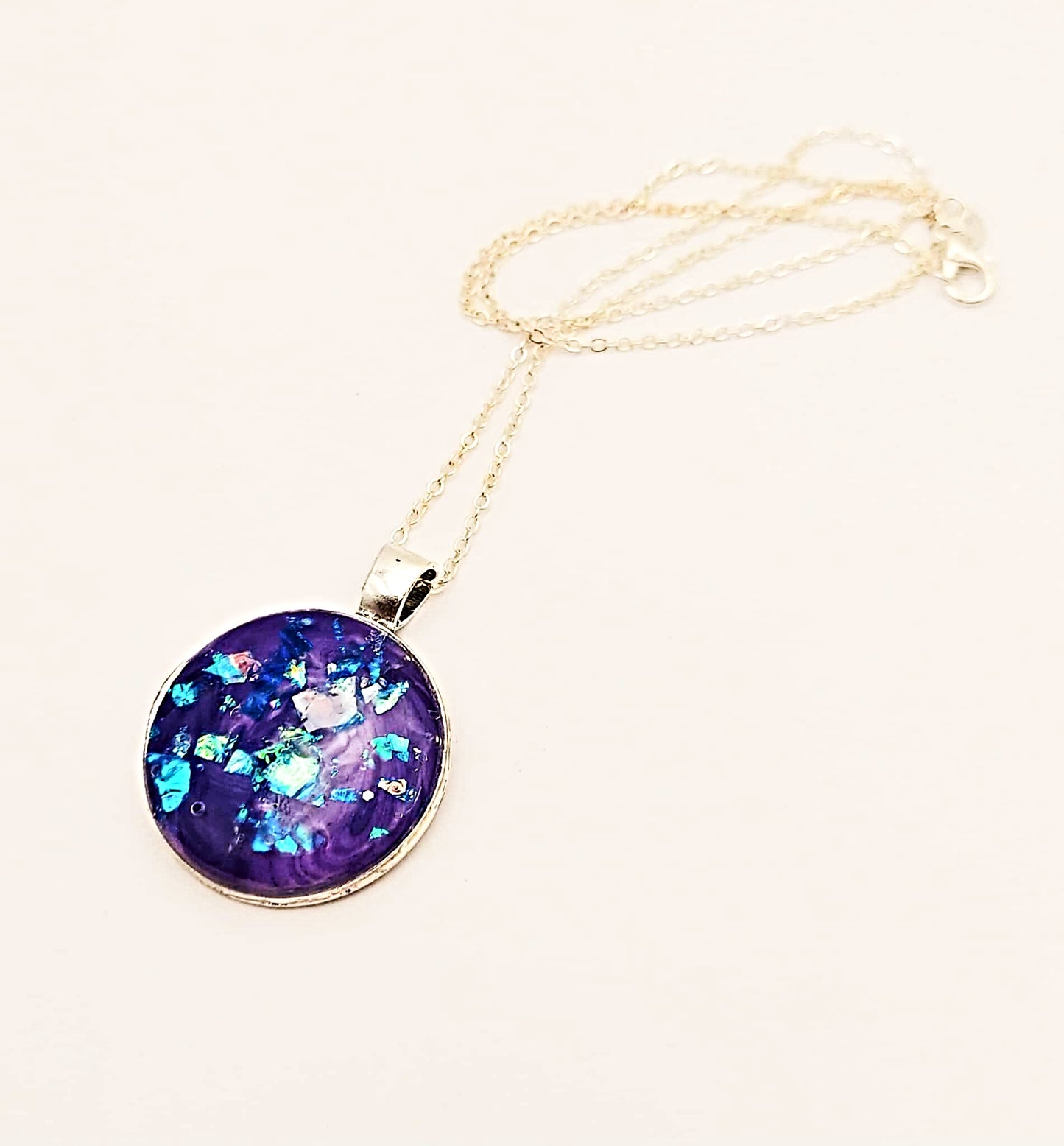 Round Silver Frame Resin Art Necklace