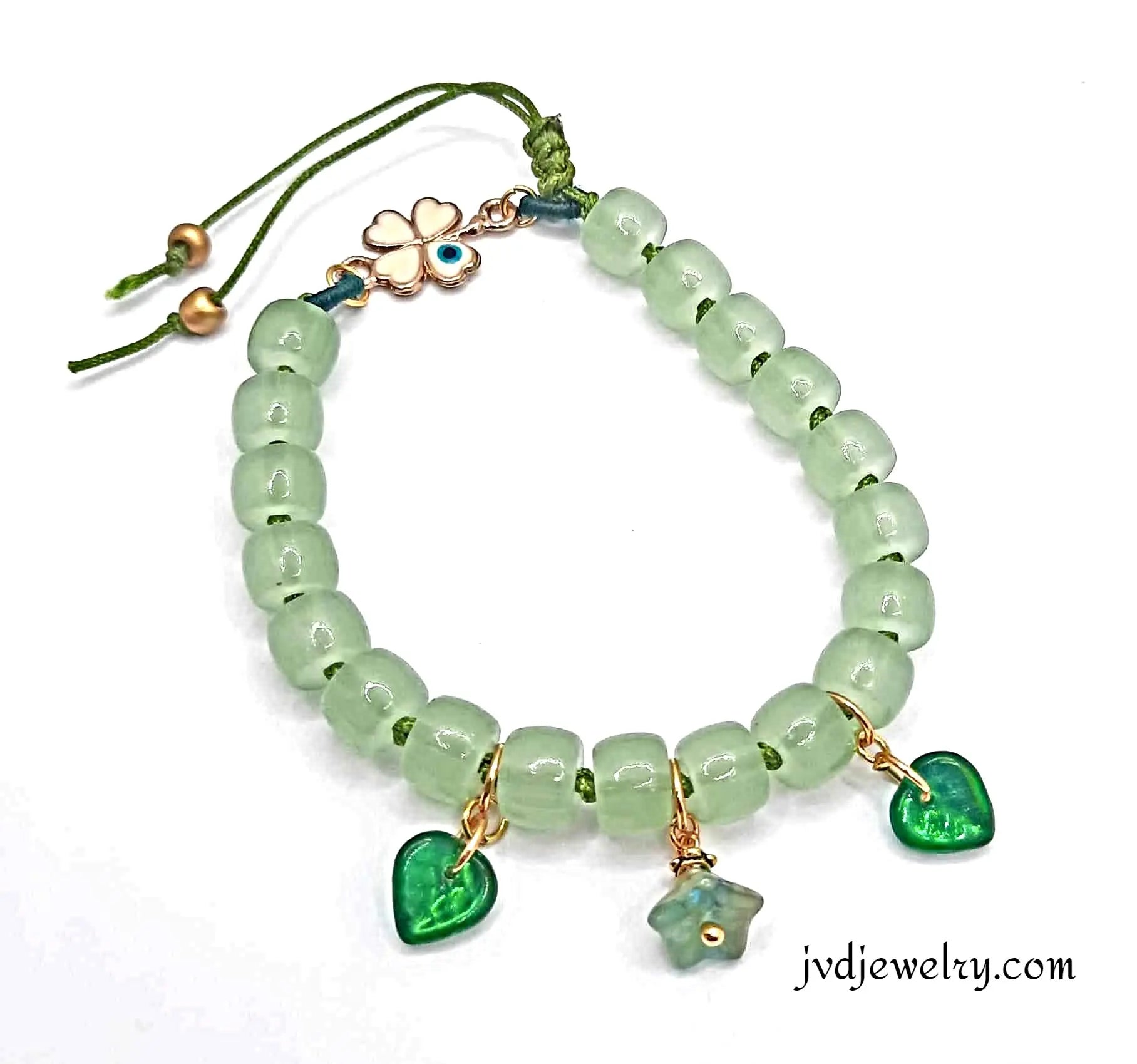 Green adjustable beaded Bracelet Evil eyes 4 leaves