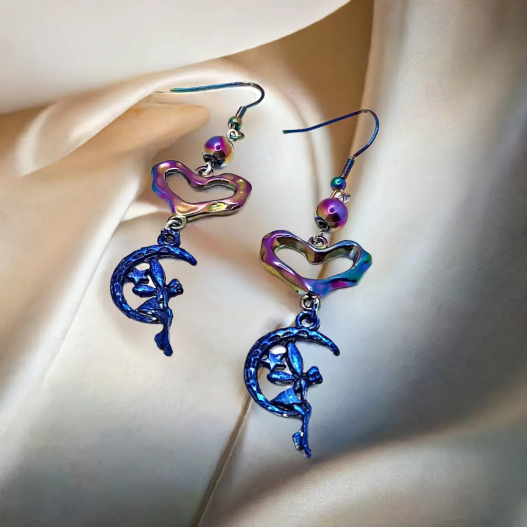 Blue iridescent enamel fairy heart rainbow earrings