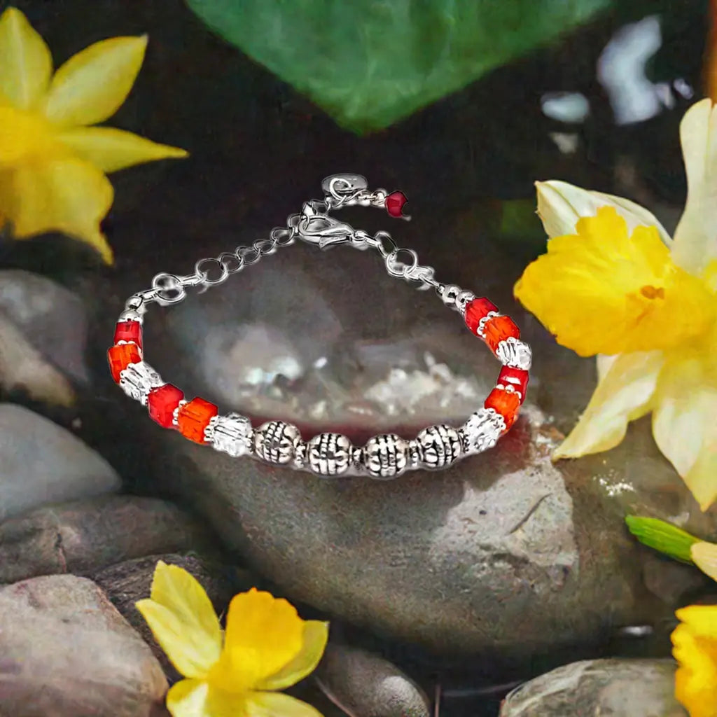 Red orange silver beaded Bracelet