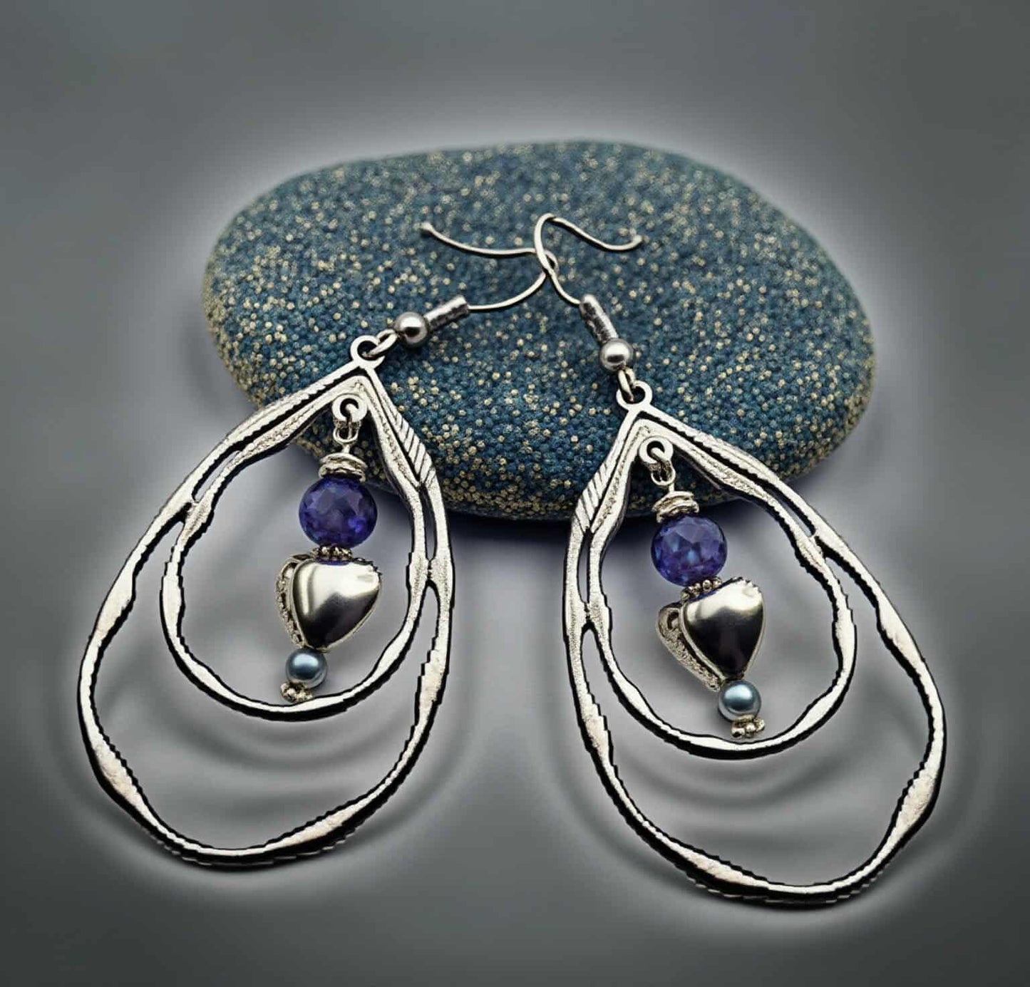 Shiny silver drop hoop Earrings with Hearts