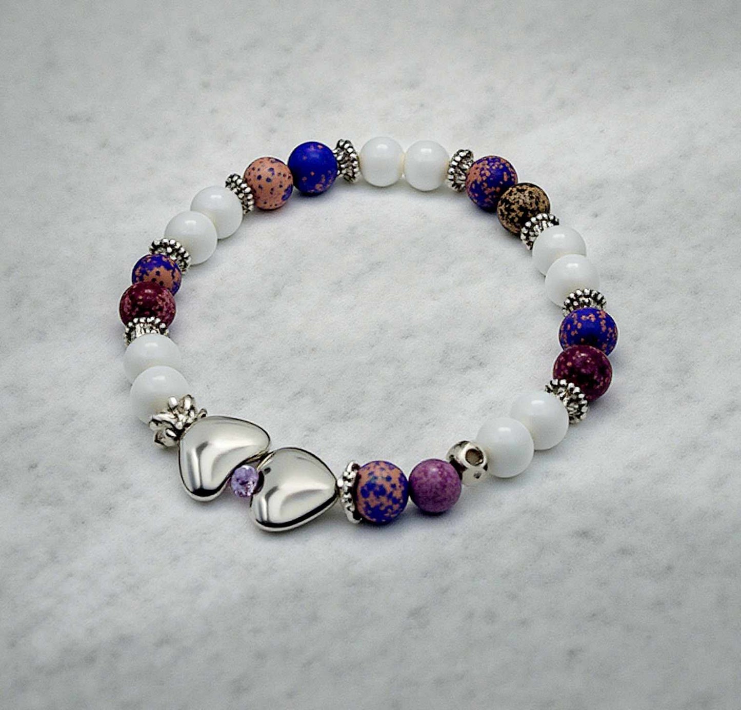 Silver hearts gemstones Bracelet stretchy