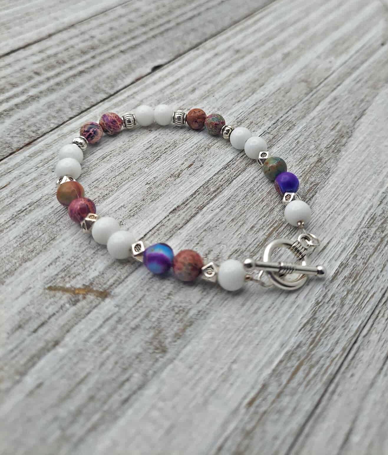 Purple White stone Bracelet stretchy with toggle