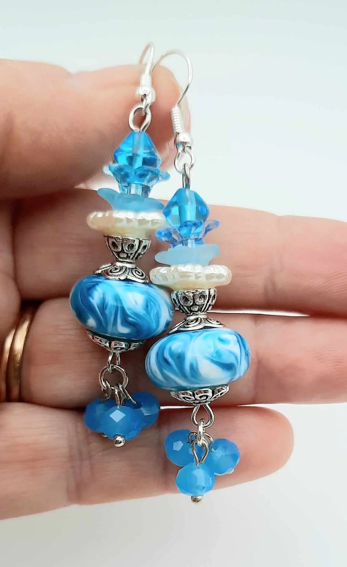 Artistic lampwork glass bead blue swirl earrings