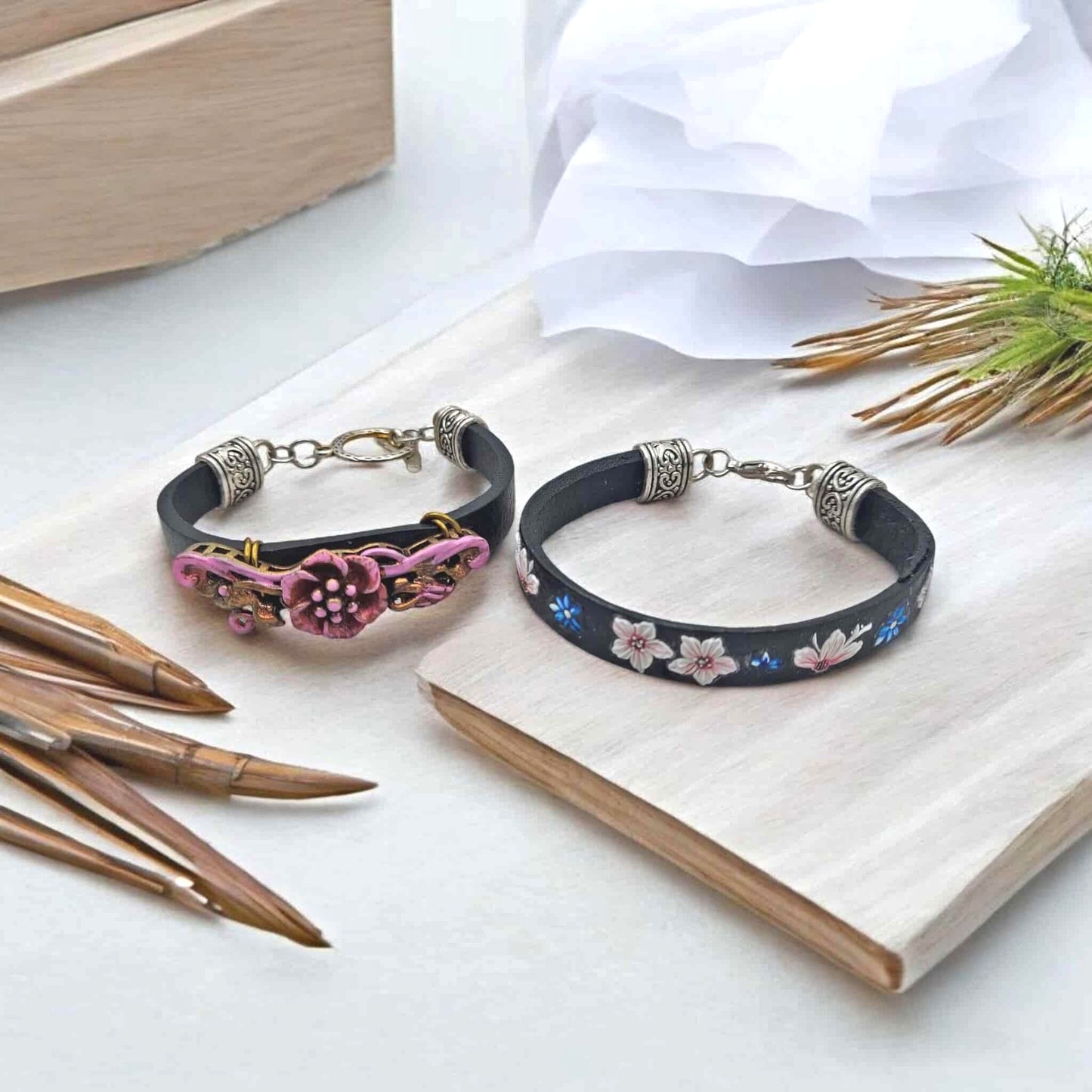 Antique Metal Flower handpainted pink Bracelet black leather