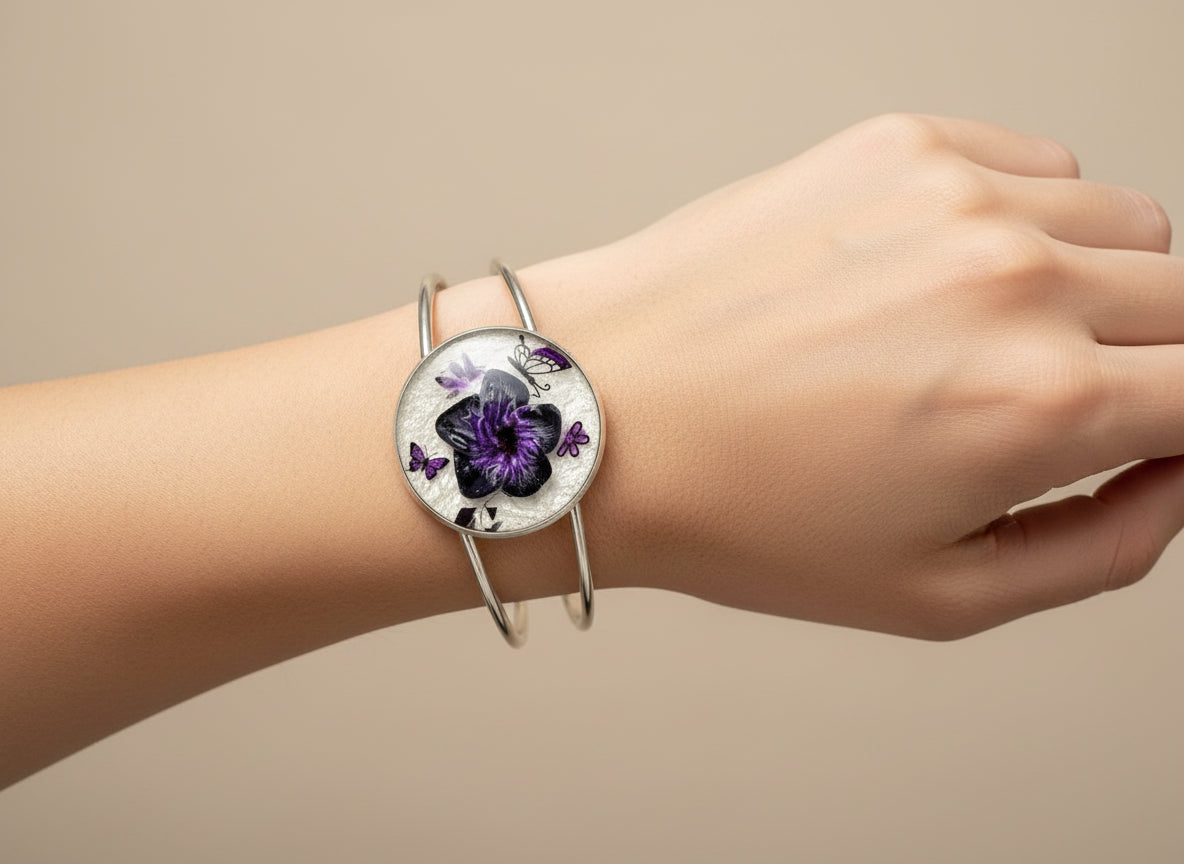 Silver adjustable Resin flower handpainted Bracelet