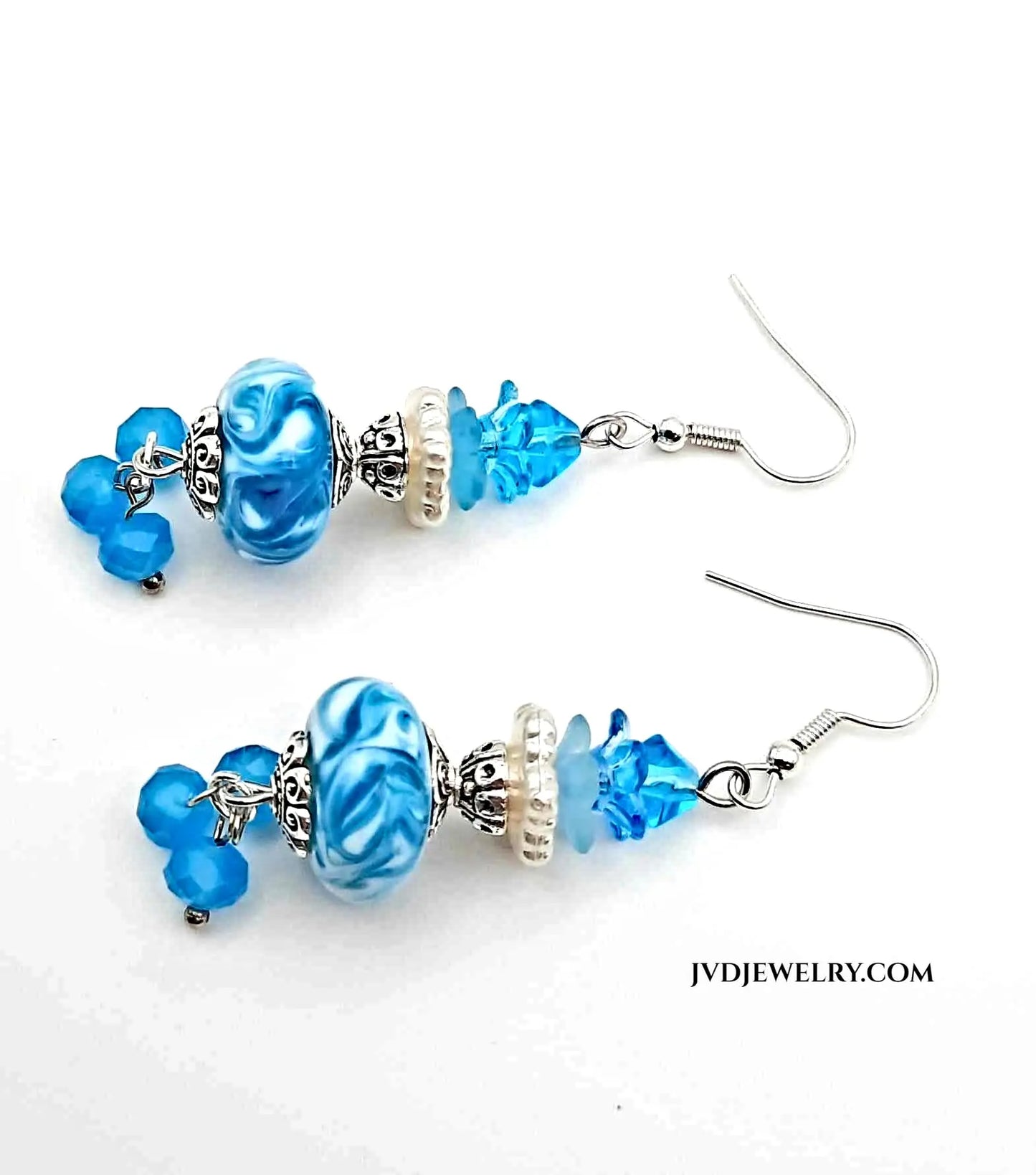 Artistic lampwork glass bead blue swirl earrings