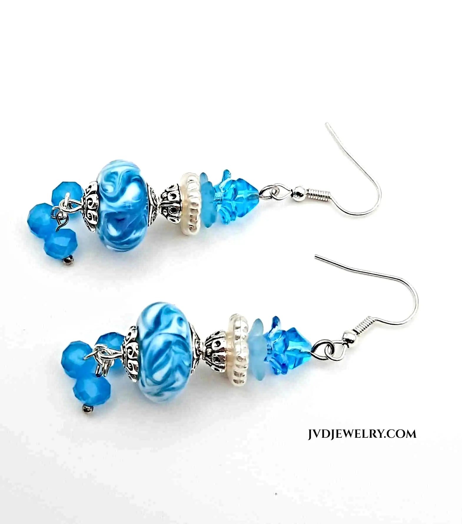 Artistic lampwork glass bead blue swirl earrings