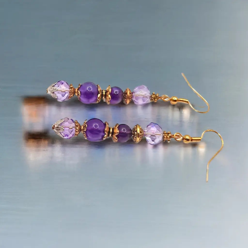 Gold plated amethyst purple Earrings 2.25 inches