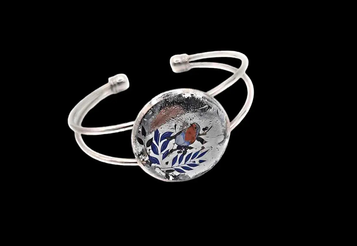 Adjustable silver resined foil bracelet vintage style