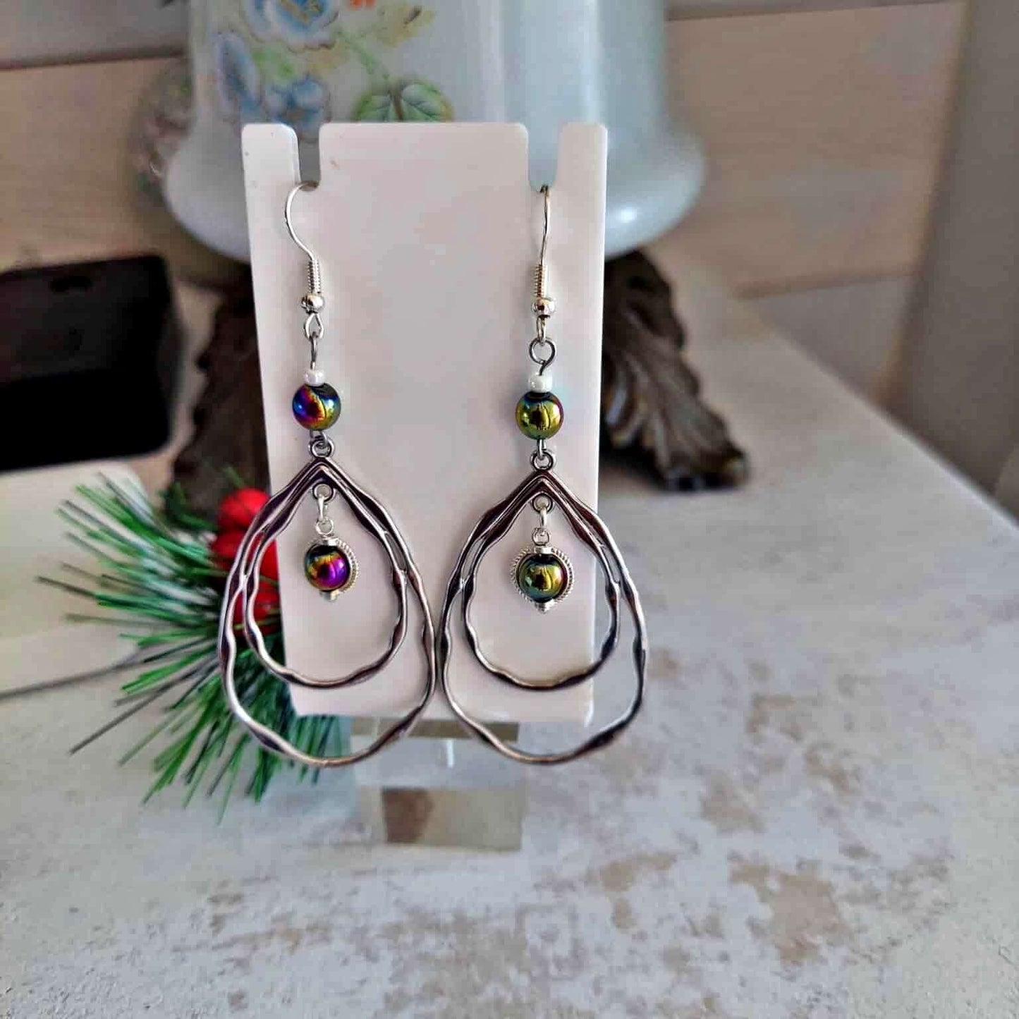 Shiny silver hoops Earrings with beads 3inches
