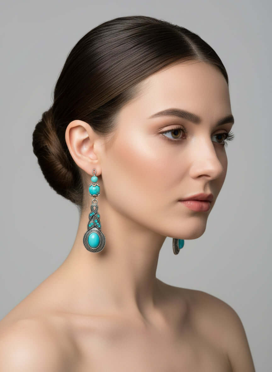 Turquoise and silver earrings on a white surface
