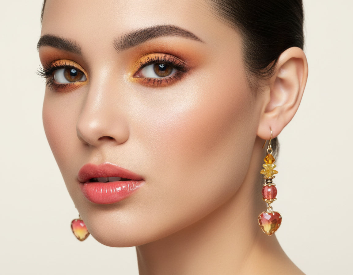 Pair of earrings with heart-shaped beads and gold hooks on a white background